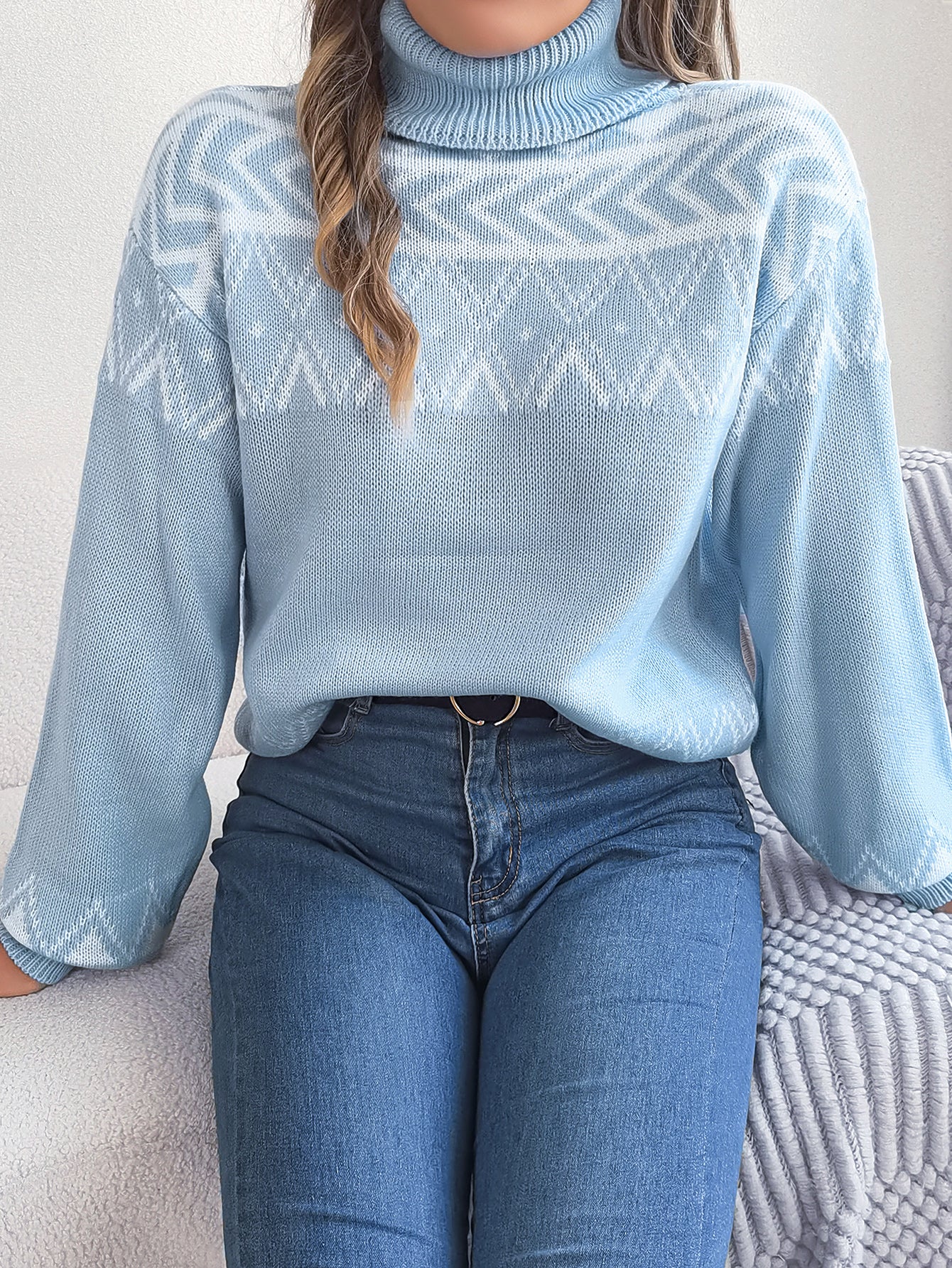 Women Ethnic Style Vintage Jacquard Lantern Sleeve Turtleneck Sweater