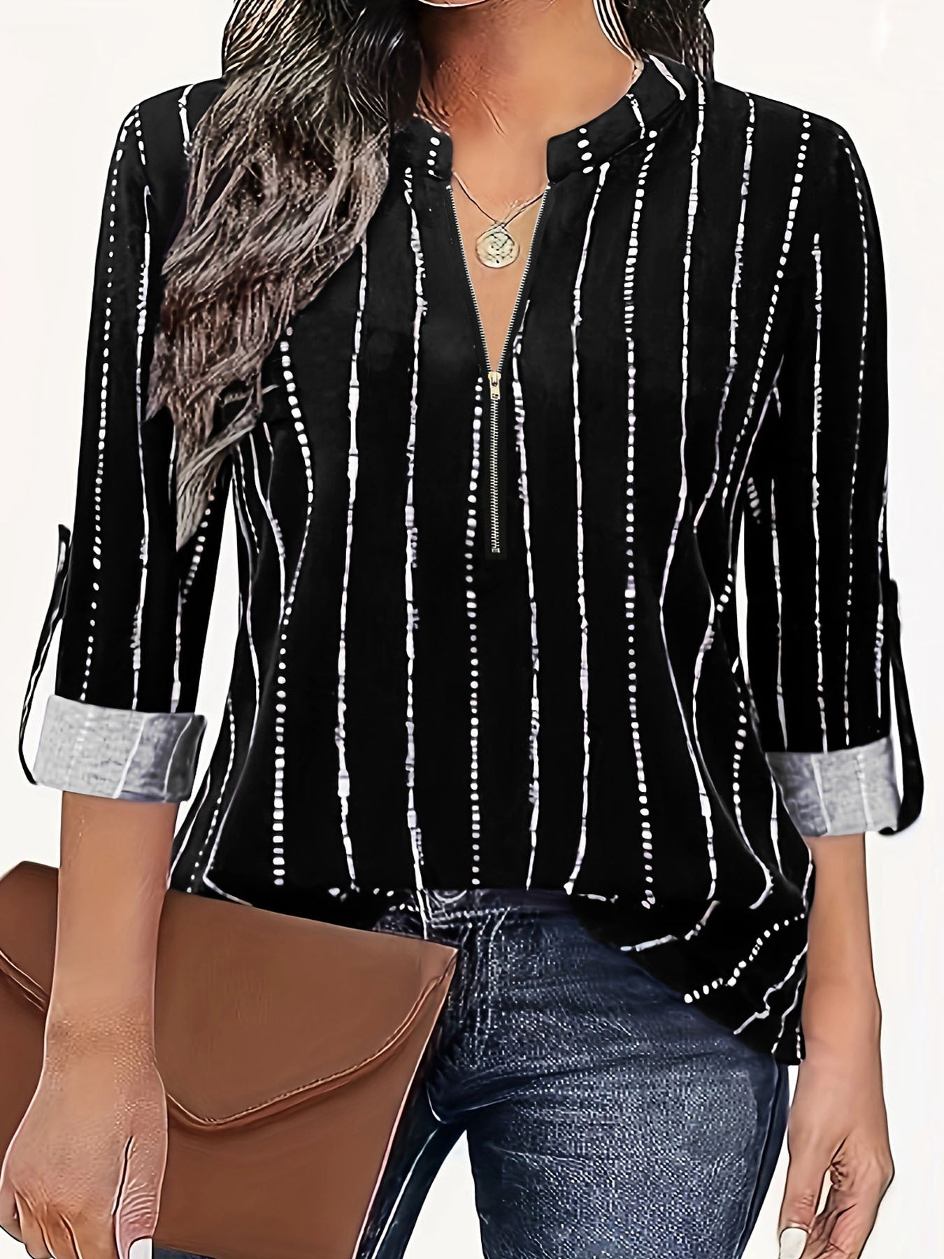 Elegant Striped Women's Zip-up Shirt