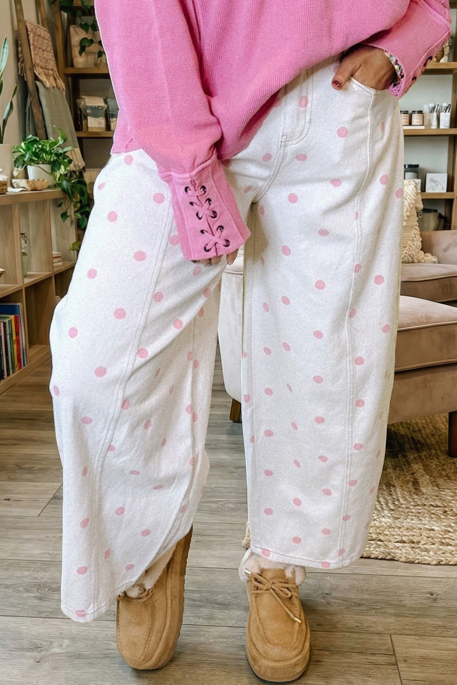 Blue Tailored Seam Polka Dot Print Barrel Casual Jeans