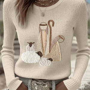 Women's Versatile Casual Blended Jacquard Embroidered Long-sleeve Sweater