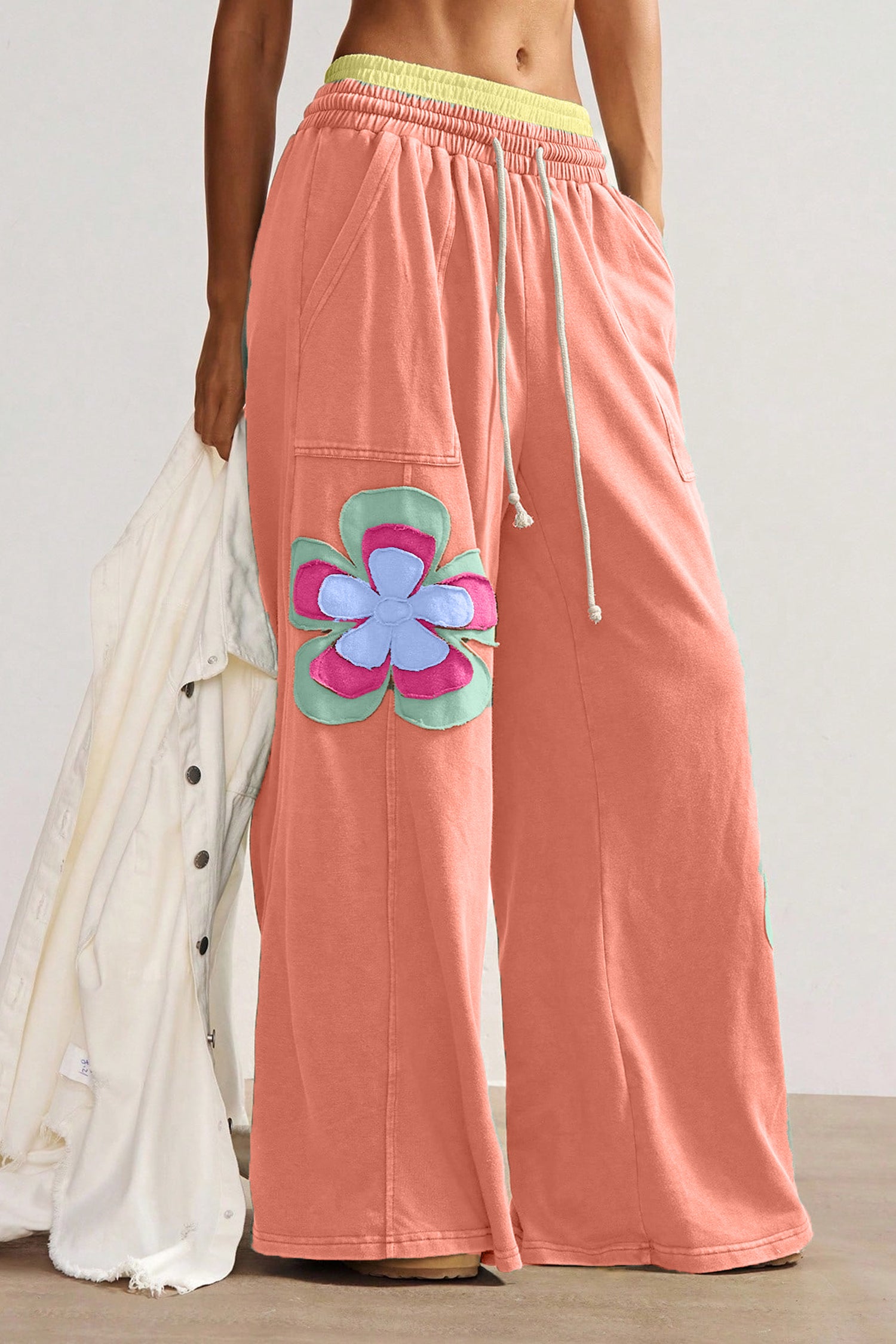 Sky Blue Color Block Flower Patchwork Drawstring Contrasted Elastic Waist Wide Leg Pants