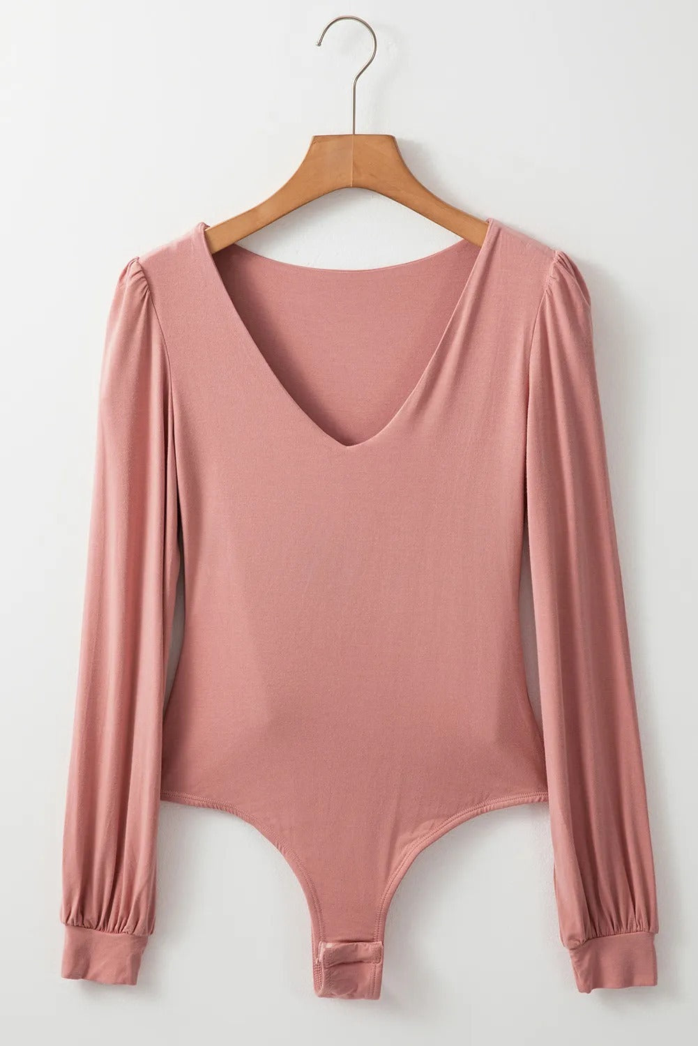 Fushia Plain V Neck Long Sleeve Casual Bodysuit