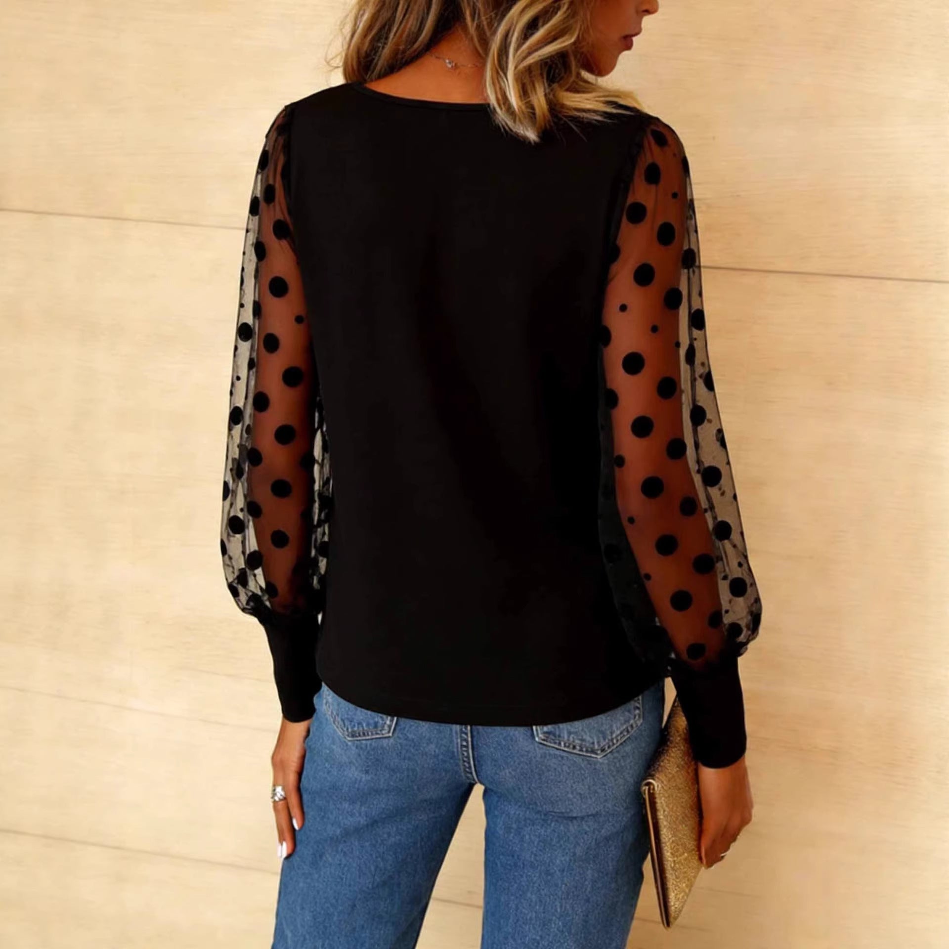 Elegant Round-Neck Sheer Mesh Panelled T-Shirt