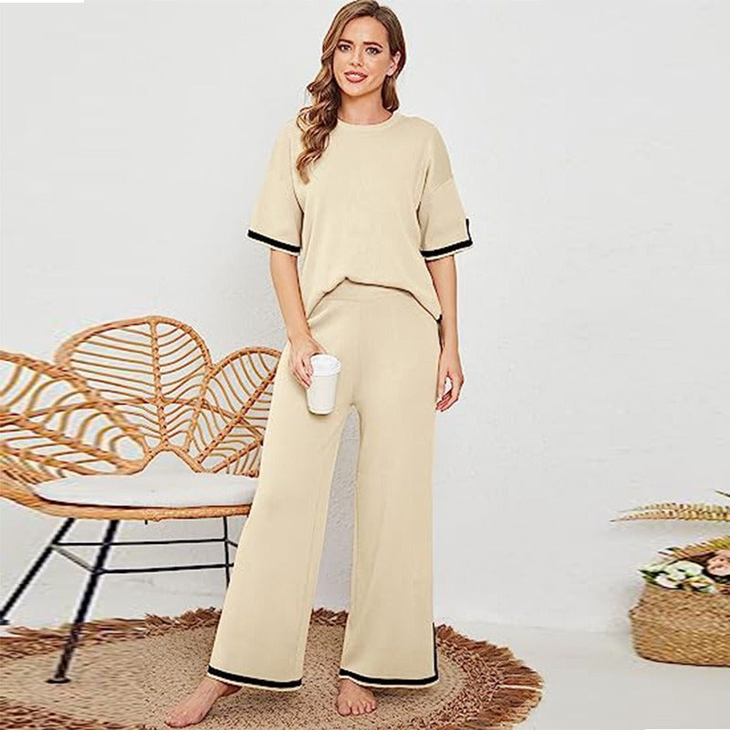 Knitted suit sweater suit short sleeve pullover wide leg pants