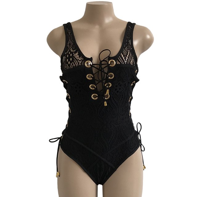 Eyelet lace up Black swimsuit one piece Trikini Thong swimwear women Monokini female Backless Bathing suit beach swim wear