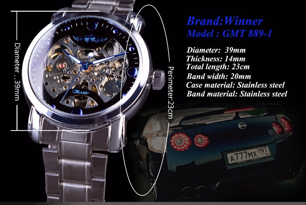 Winner Blue Ocean Fashion Casual Designer Stainless Steel Men Skeleton Watch Mens Watches Top Brand Luxury Automatic Watch Clock