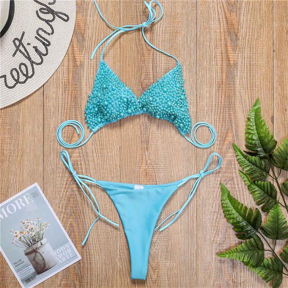 Halter Mini Bikini Female Swimsuit Women Swimwear Two-pieces Bikini set Luxury Pearl Bather Bathing Suit Swim Lady