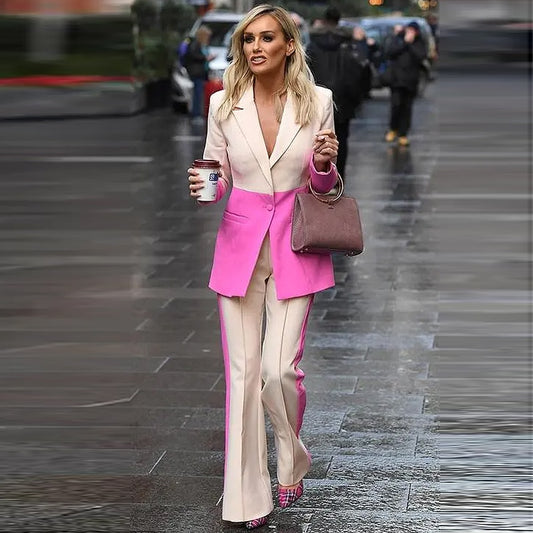 Newest Designer Runway Suit Set Women's Single Button Color Block Blazer Flare Pants Suit