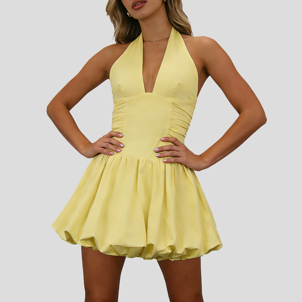 Women's Fashion Deep V Backless Halter Neck Tie Ribbon Bow Bubble Mini Dress