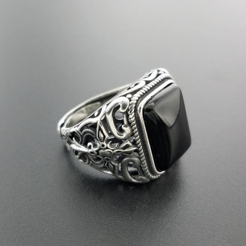 Real 925 Sterling Silver Vintage Rings For Men Natural Black Onyx Stone Square Shape Hollow Cross Flower Carved Punk Jewelry