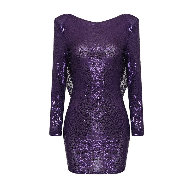 Retro Temperament Purple Long Sleeve Slim-Fit Open Back Sequined Hip Dress