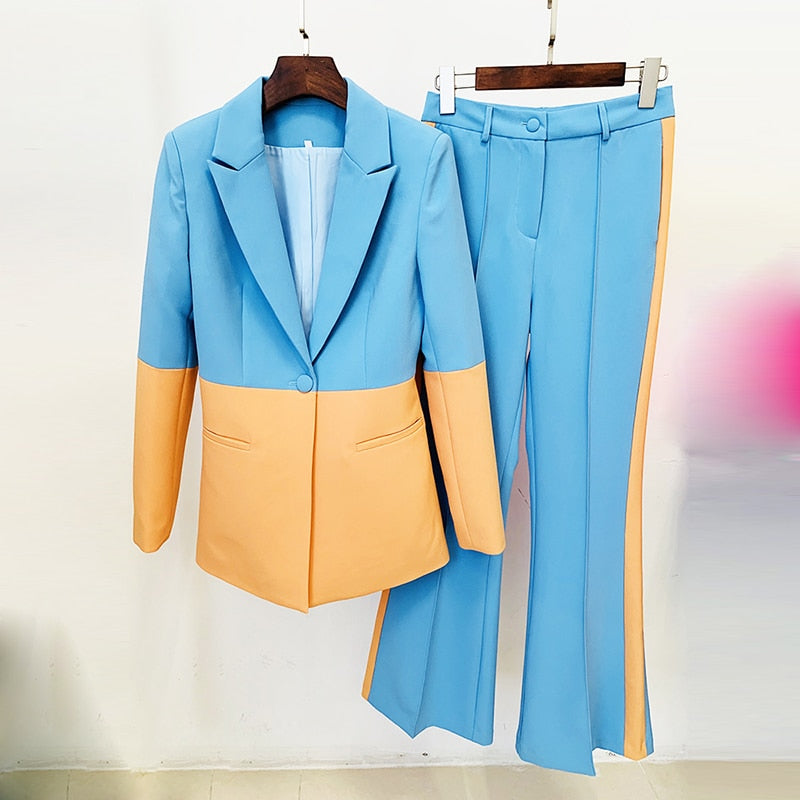 Newest Designer Runway Suit Set Women's Single Button Color Block Blazer Flare Pants Suit