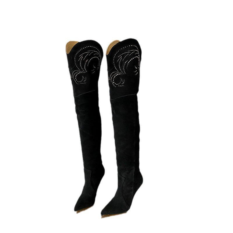 Wedge Heel Over The Knee Boots Suede Leather Pointed Toe Embroidery Long Boots Winter Women's Dress Shoes