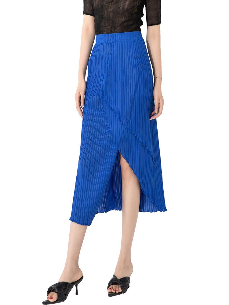 Spliced Pleated Skirt For Women High Elastic Waist Solid Color Solid Hip Wrap Split Skirts