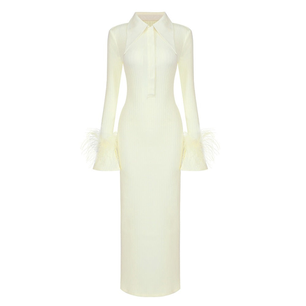 Light Yellow Dress Women Elegant Bandage Long Sleeve Feather Design Party Dress Vestidos