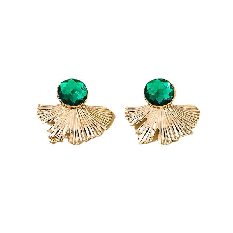 French style fashionable personality new earrings temperament fan-shaped emerald ball wear women's earrings