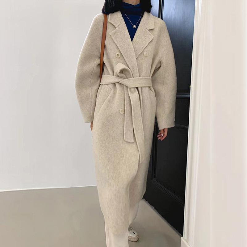 Winter Popular New Long Mulberry Silk Woolen Overcoat Women Double Breasted Lacing Belt Classic Pink Loose Wool Coat Jacket