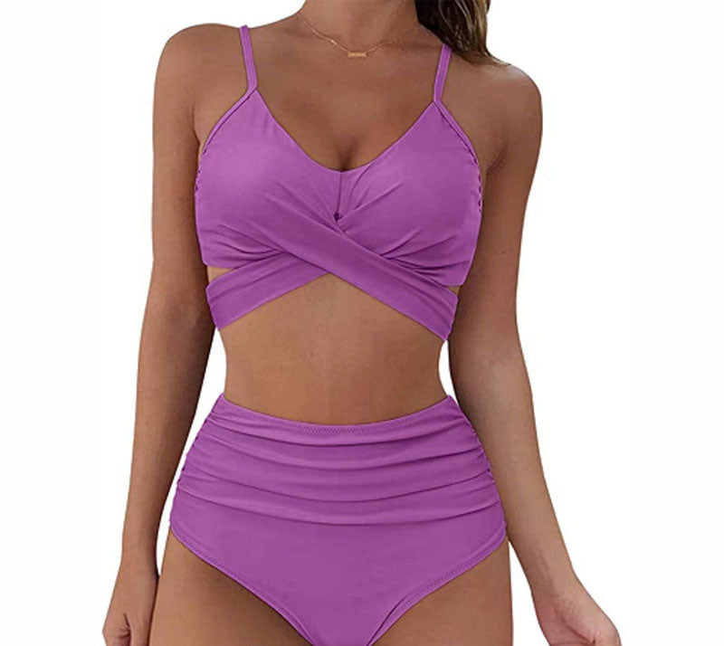 European and American swimsuit women's sexy solid color split bikini lace up high waisted leopard print cross tight swimsuit