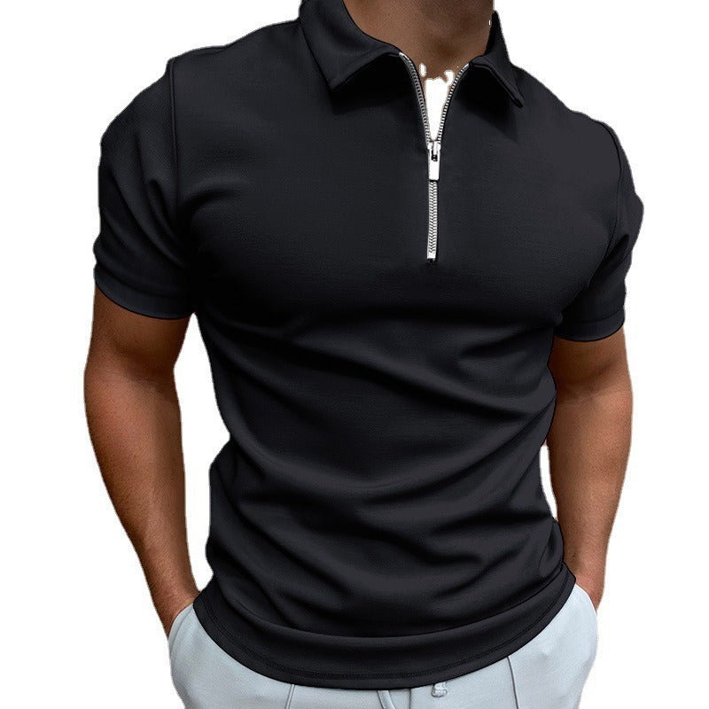 Summer men's thin solid color short sleeved POLO shirt with flip collar zipper slim fit top T-shirt