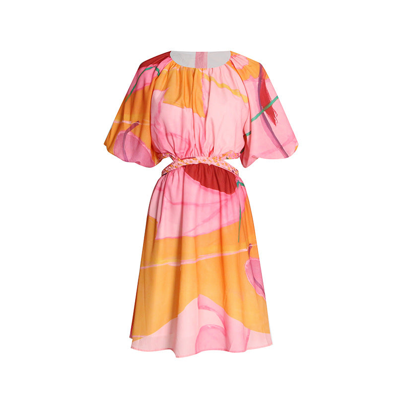 Holiday Style Colorful Printing And Dyeing A-Line Skirt Autumn Round Neck Puff Sleeves Hollow Sexy Waistless Woven Dress