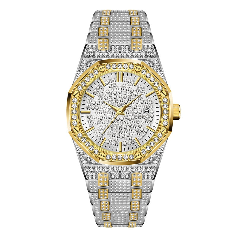 Missfox V294 18K Gold Watch Men Luxury Brand Diamond Mens Watches Top Brand Luxury FF Iced Out Male Quartz Watch Calender Unique Gift For Men