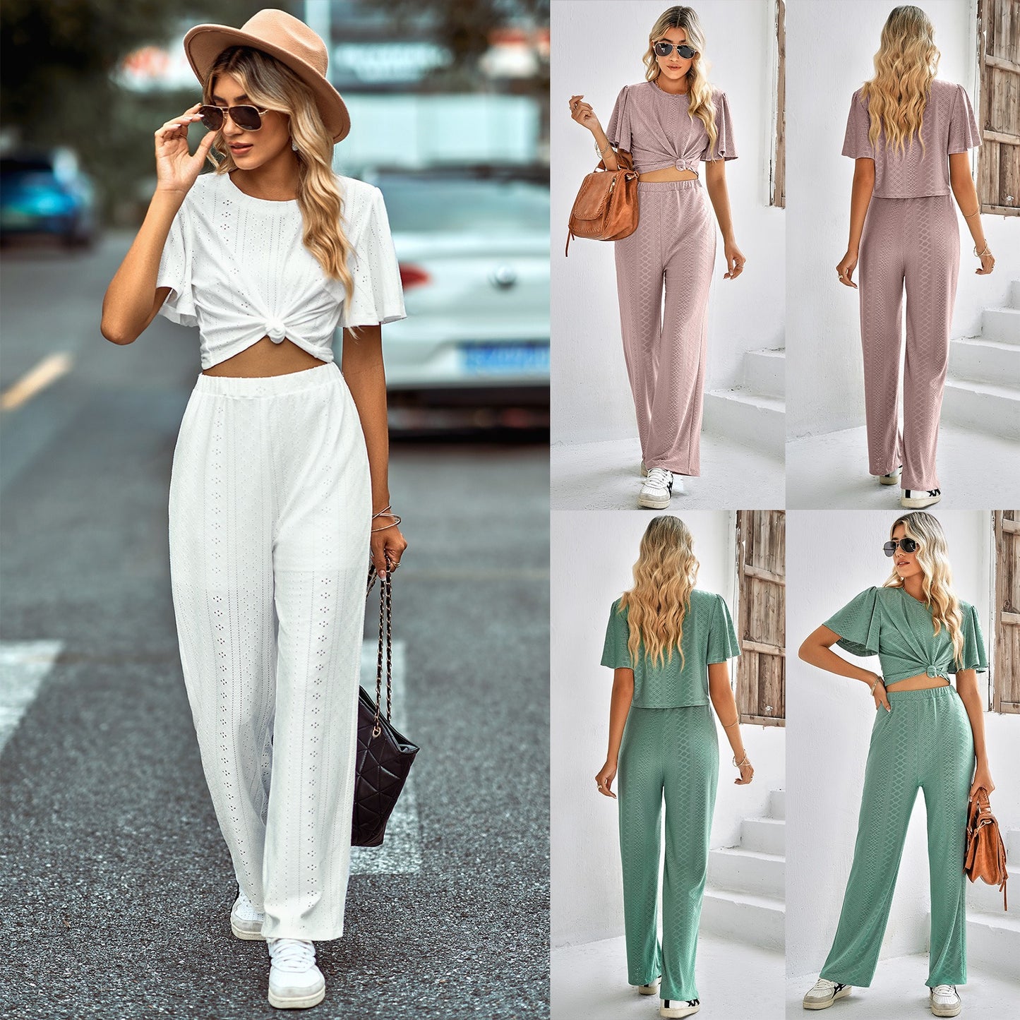 Summer knitted trousers for women solid color round neck short sleeves long trousers lotus leaf sleeves casual two piece suit