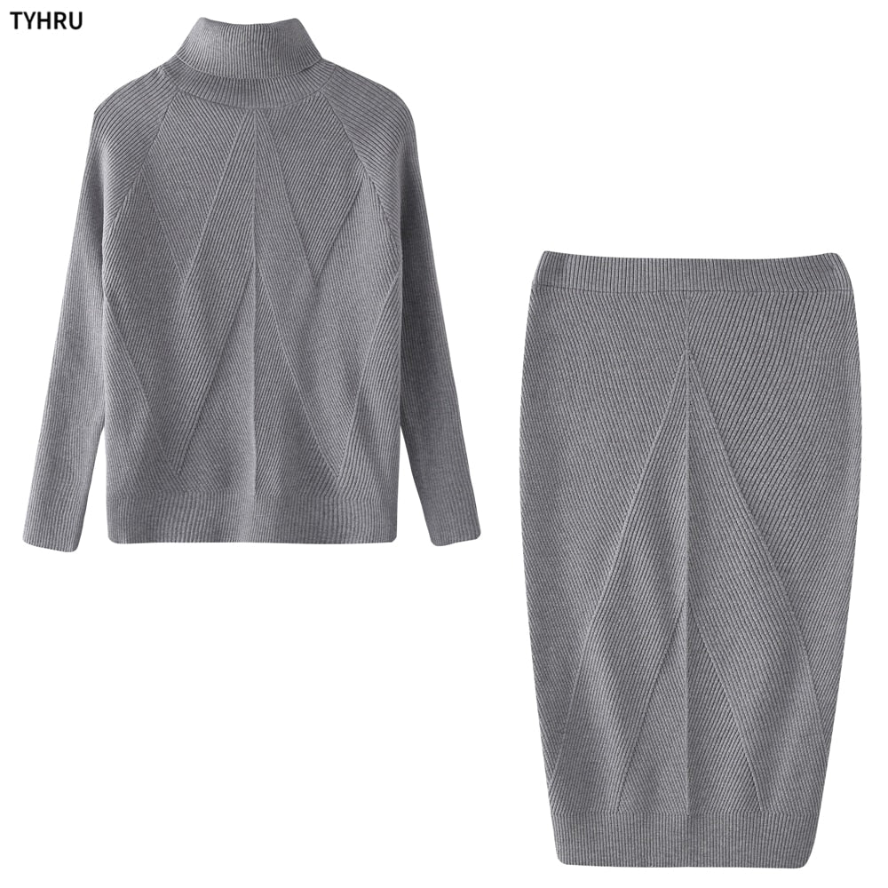 Autumn Women's Knitting Costume Turtleneck Solid Color Pullover Sweater + Slim Skirt Two-Piece Set