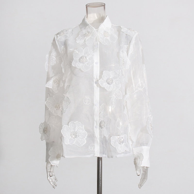 French elegant style organza lapel shirt three-dimensional flower sequined shirt top for women