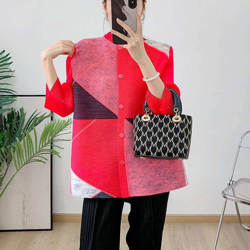 Summer new slimming and flesh covering jacket with pleated top, short westernized and age reducing high-end shirt for women