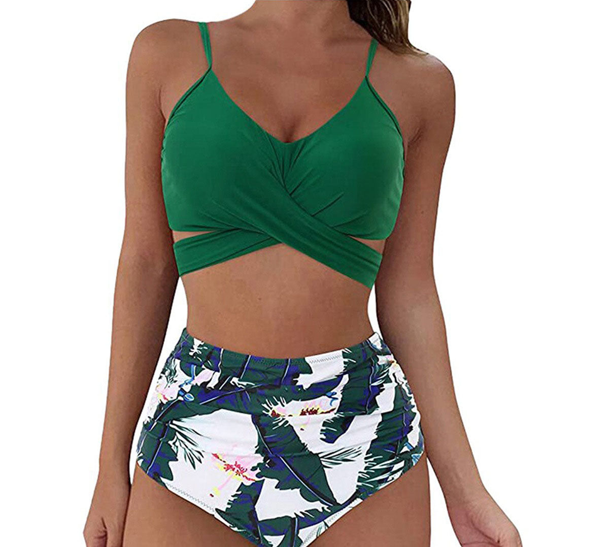 European and American swimsuit women's sexy solid color split bikini lace up high waisted leopard print cross tight swimsuit