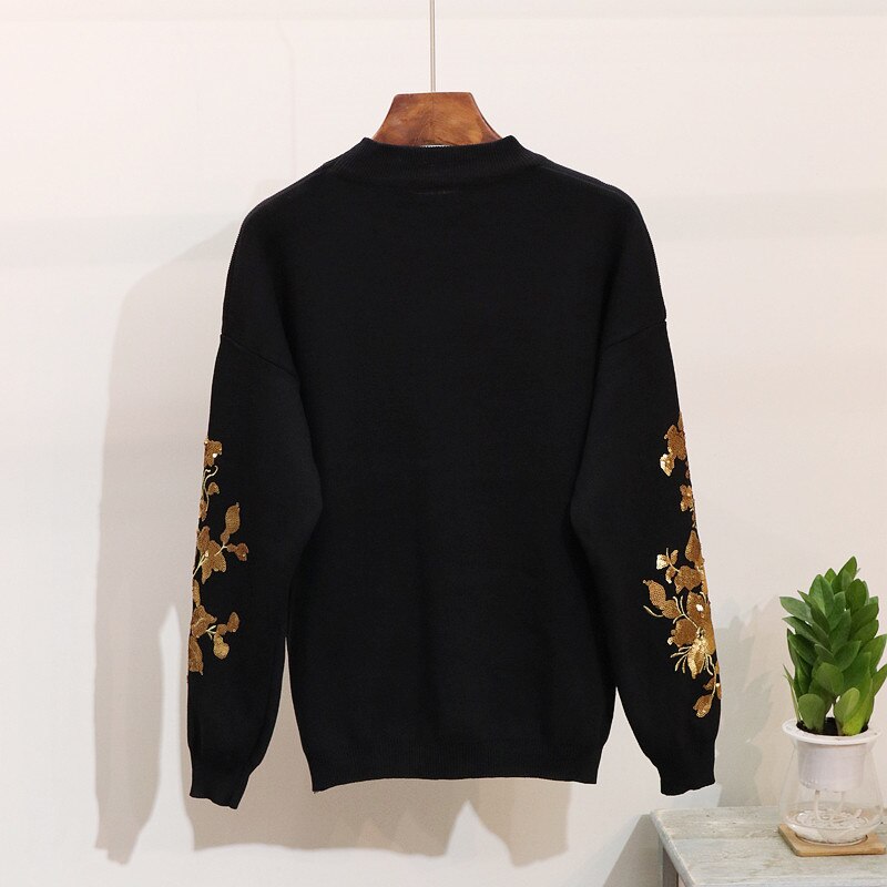 Autumn Women Sequins Flowers Sweater Set Long Sleeve Ladies Knit Pullover Tops + Trousers Winter Fashion Pants Female Tracksuit