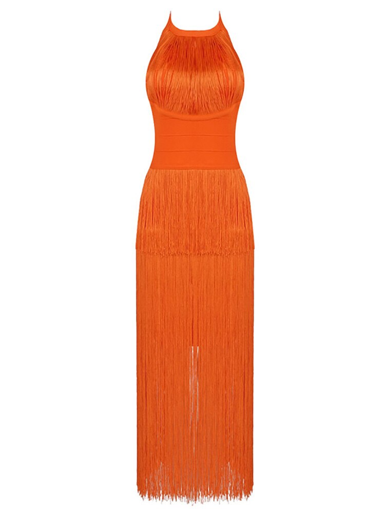 Women's Dress New Fashion Hater Slim Waist Sleevless Tassel Orange Blackless Mid-calf Dresses Female