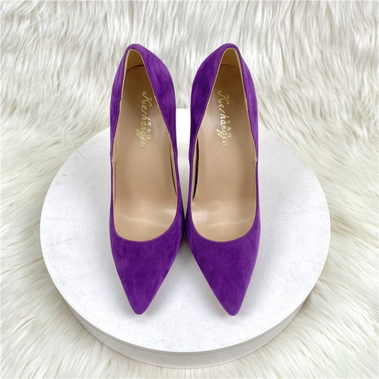 Purple suede high heels slim heels pointed toe shallow cut women's shoes