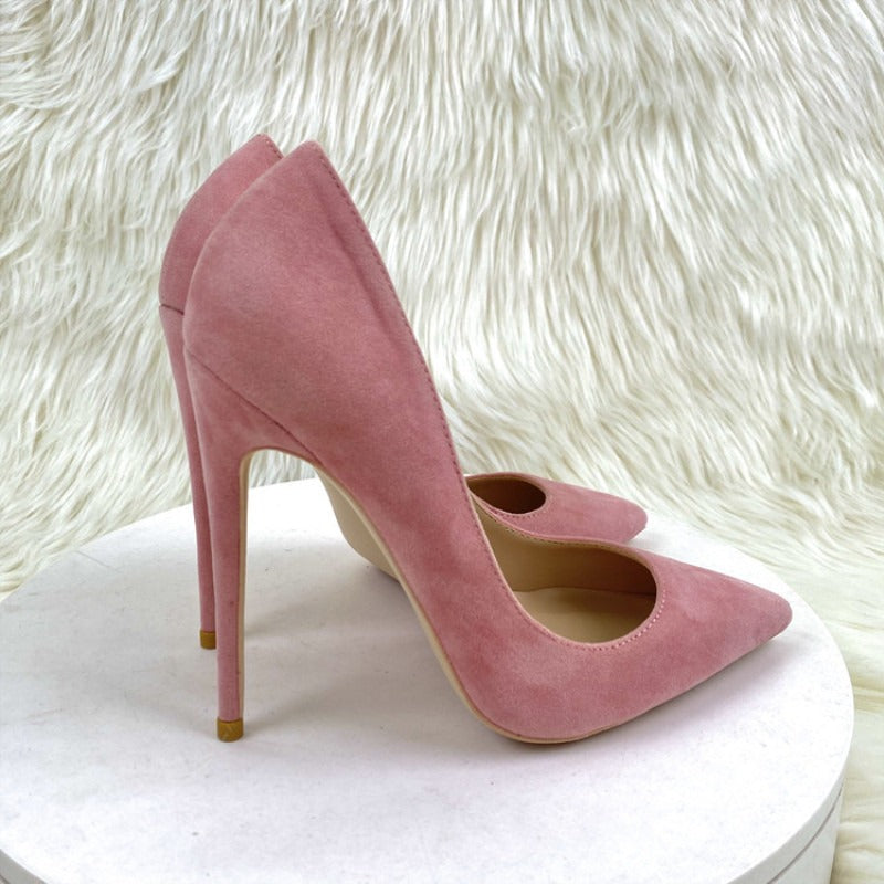 Pink suede high heels thin heeled pointed toe shallow cut women's shoes