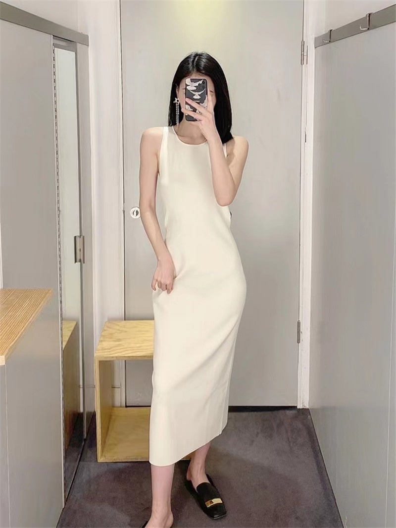 Sleeveless Slim Fit Women's New Cos Round Neck Knitted Fit Solid Color Temperament Long Dress