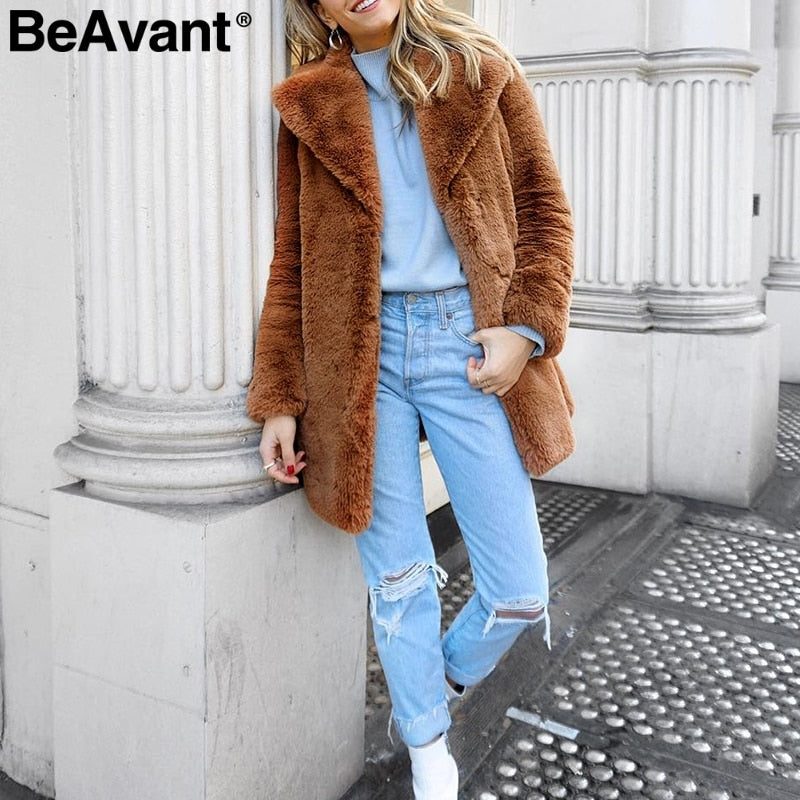 Elegant long faux fur coat Women  Autumn winter warm soft pink fur coat Female casual luxury plush coat outwear