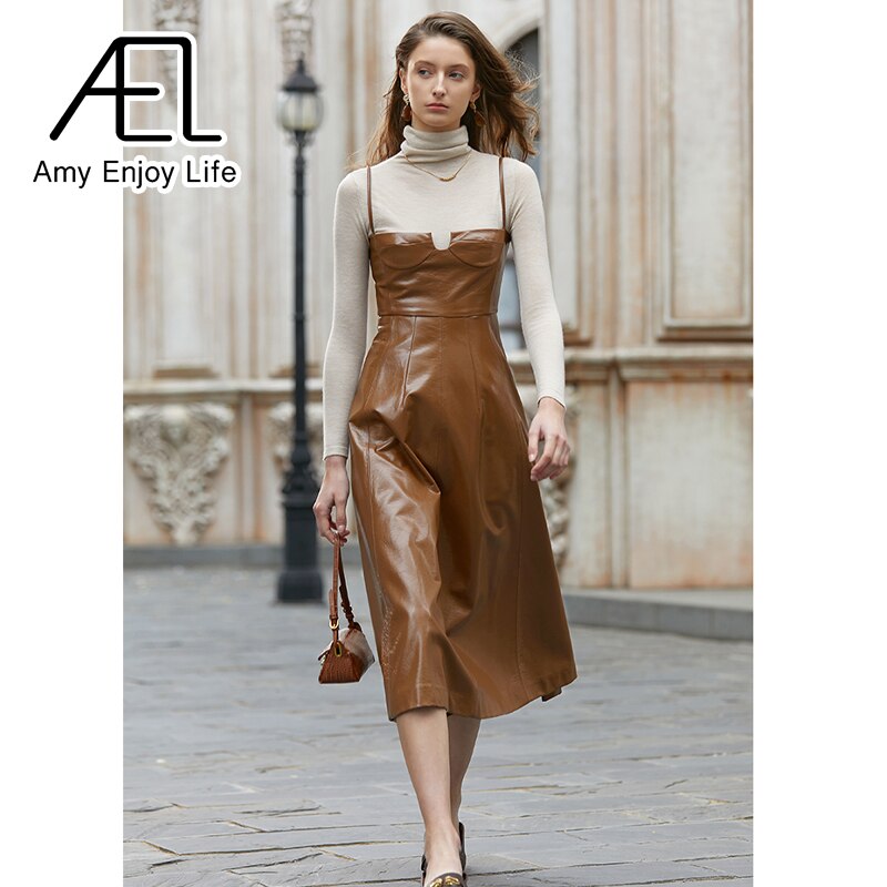 Premium Sense Of Modern Retro Chic High Waist Temperament Slim Halter Leather Lining Dress