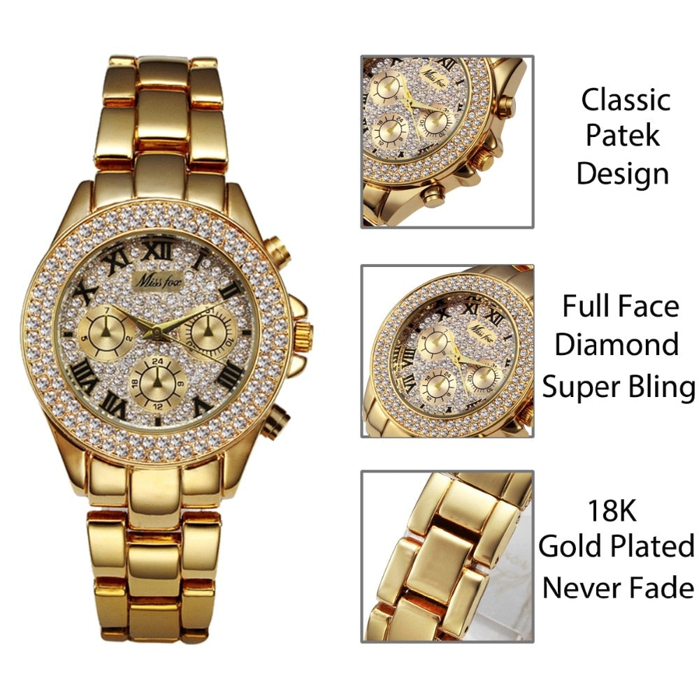 MISSFOX 1846, relojes para mujer, reloj de lujo para mujer, cronógrafo falso a la moda, números romanos, relojes de oro de 18K para mujer, reloj de pulsera de cuarzo 