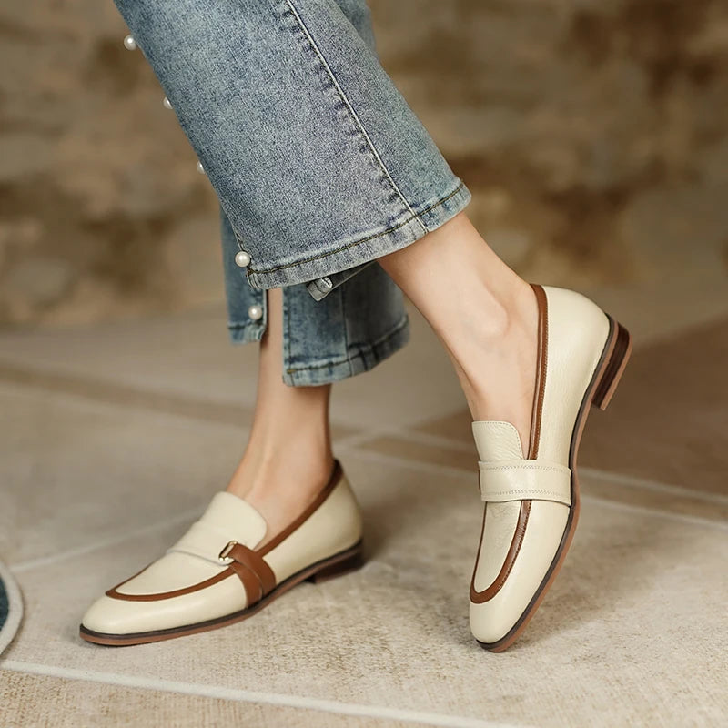 Spring Genuine Leather Women Shoes Retro Slip-On Loafers Mixed Colors Shoes Square Toe Shoes Woman Zapatos De Mujer Flats