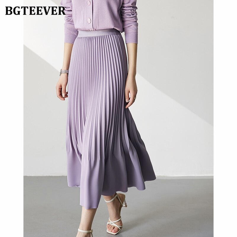 BGTEEVER Stylish High Waist Female Pleated Skirts Spring Summer Loose Women Midi Skirts Elegant Ladies A-line Skirts