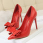 Sweet high heels, slim high heels, delicate and slim, shallow mouthed pointed bow sole shoes