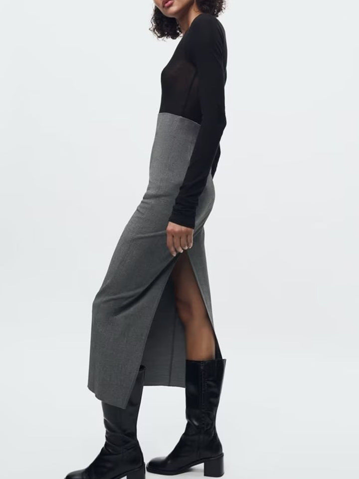 Women Straight Midi Long Skirts Fashion Split Vintage High Waist Spring Autumn Causal Elegant Slim Skirts