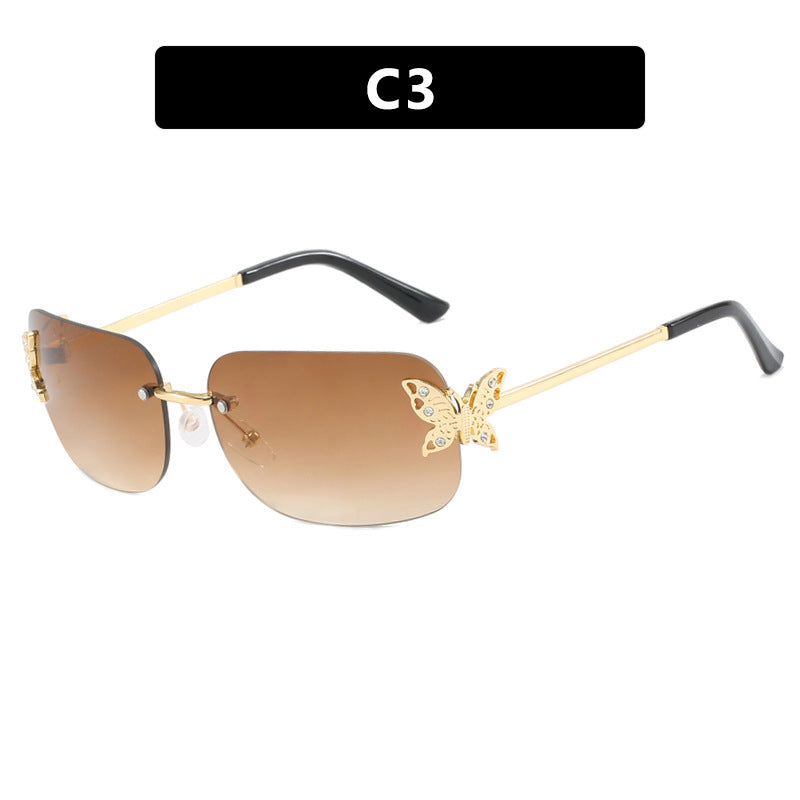 Frameless rectangular butterfly retro women's internet famous street photography diamond studded sunglasses