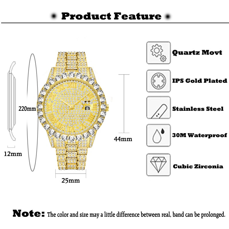 MISSFOX  2643Re Men's Watches Modern Diamond Waterproof Red Watch Men Top Brand Luxury 18k Gold Man Watch Analog Quartz Watch Men