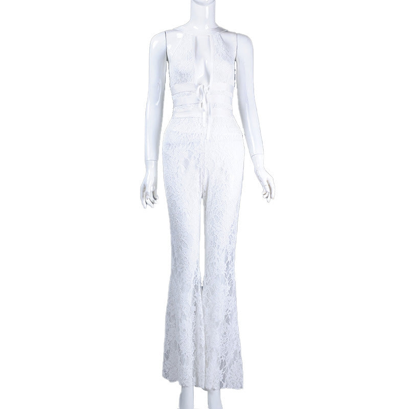 Ins New Fashion Sexy Hollow Lace Jumpsuit Sleeveless Lace Flared Trousers
