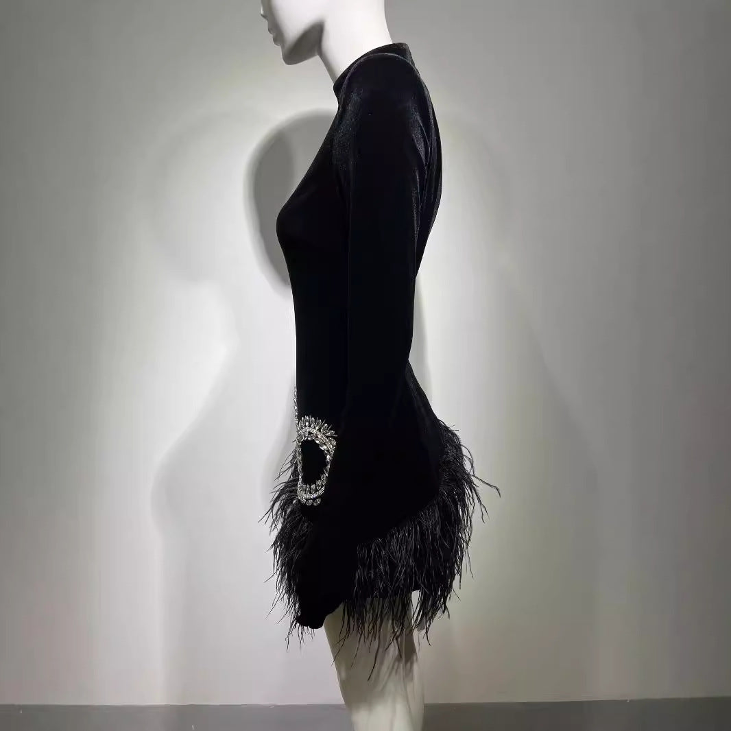 Diamond Feather Skirt Black Shoulder Padded Short Dress Fashionable Retro Banquet Performance Dress