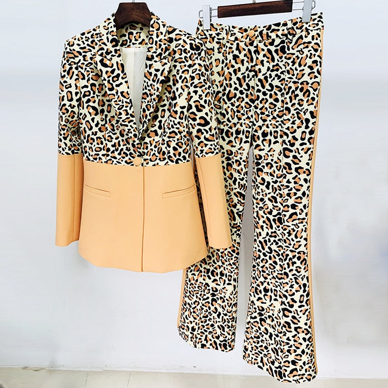 Newest Designer Runway Suit Set Women's Single Button Color Block Blazer Flare Pants Suit