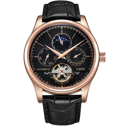 Marca LIGE, Relojes para Hombre, reloj mecánico automático Tourbillon, reloj deportivo, reloj de pulsera Retro informal de cuero para negocios, Relojes para Hombre 