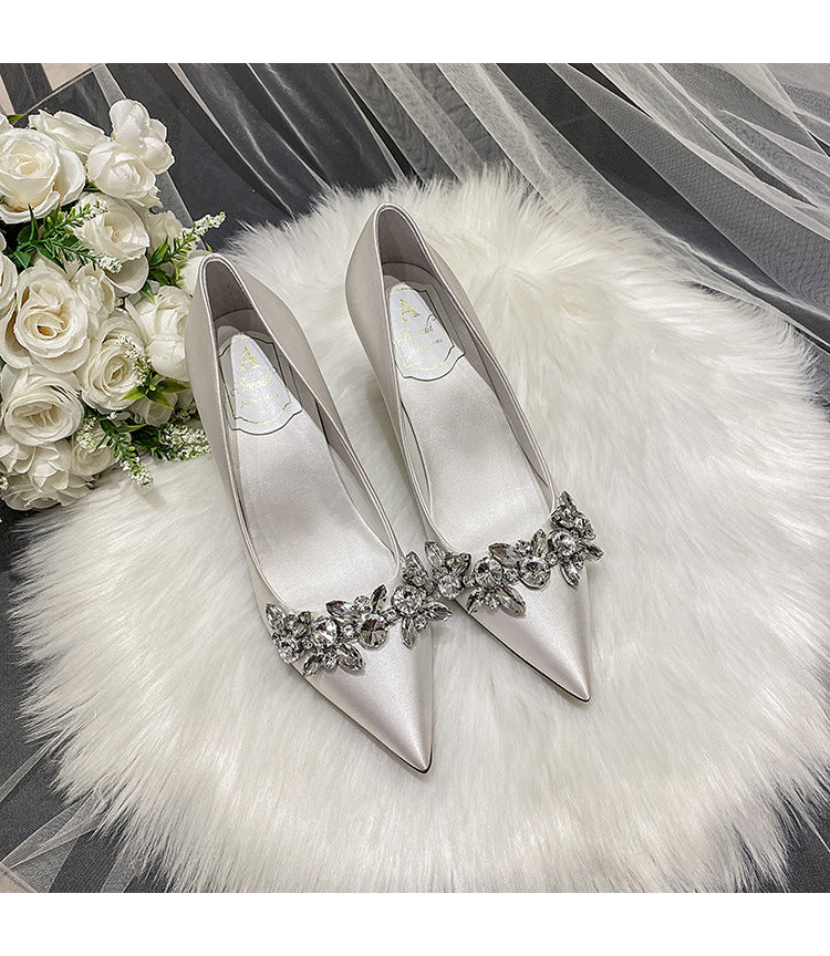 Wedding Crystal Bridal Shoes Champagne Silk Dress Bridesmaid Shoes White High Heels Slim Heels