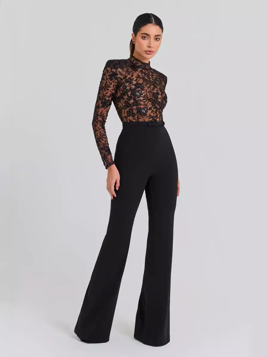 European and American sexy fashion see-through lace bandage long-sleeved trousers women's jumpsuit